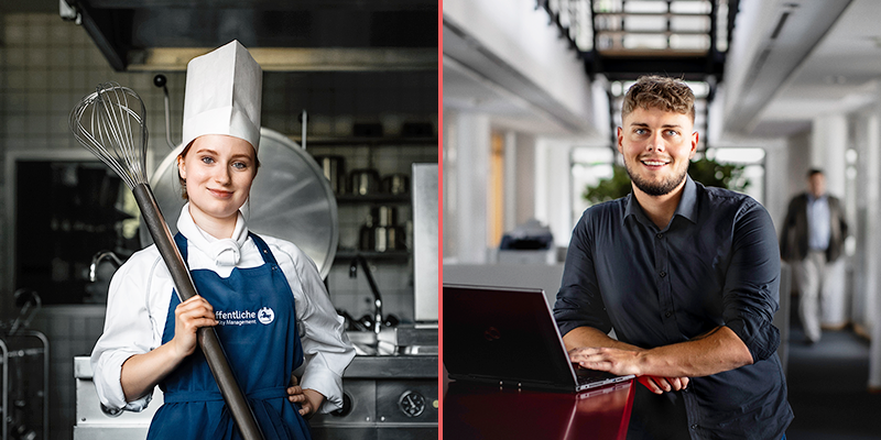 Auszubildender mit nebenstehendem Schriftzug "Insurance Influencer " und Köchin mit Schritftzug "Call me chef"