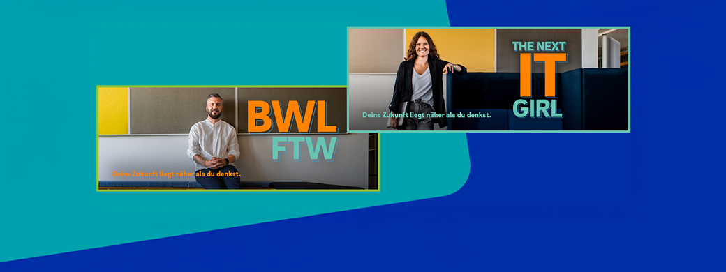 tudent und Studentin mit dualem Studium bei der Öffentlichen Versicherung Braunschweig mit Schriftzügen "BWL FTW" und "The next IT girl"