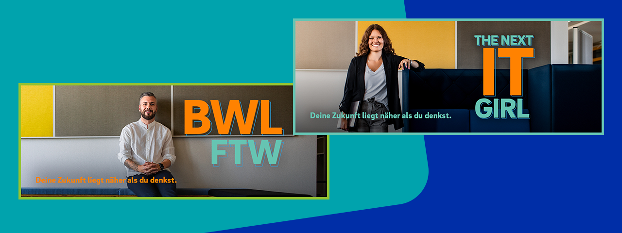 Kampagnenbilder mit Frau und Mann für das Angebot Dualer Studiengänge bei der Öffentlichen Versicherung Braunschweig