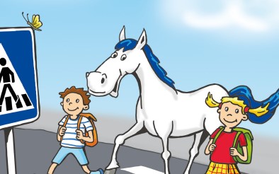 Cover des Öfi-Malbuches: Öfi geht mit zwei Kindern über einen Zebrastreifen