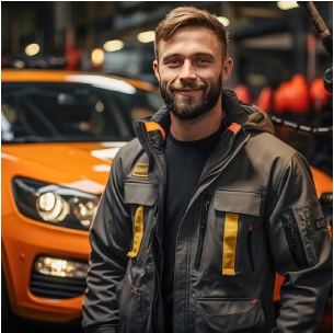 Ein jüngerer Mann mit Bart steht in einer grauen Werkstattjacke in einer Autowerkstatt vor einem orangenen Auto. Er blickt nett und mit einem Lächeln in die Kamera.