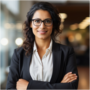 Eine Frau mit Brille und längeren, lockigen Haaren steht selbstbewusst mit verschränkten Armen vor einem undeutlichen Hintergrund und lächelt freundlich in die Kamera. Sie trägt einen schwarzen Blazer und eine weiße Bluse.