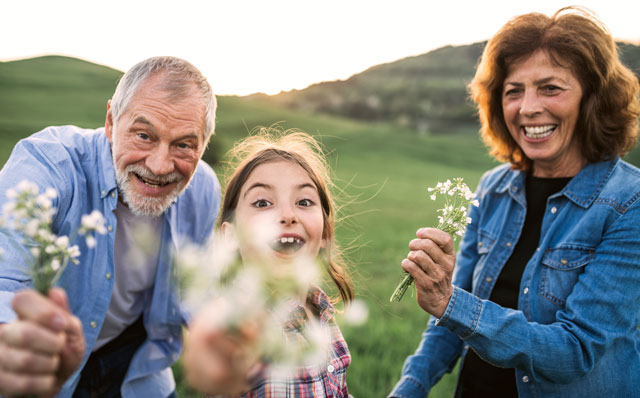 Großeltern mit Enkelin halten Wildblumen in die Kamera und sind fröhlich