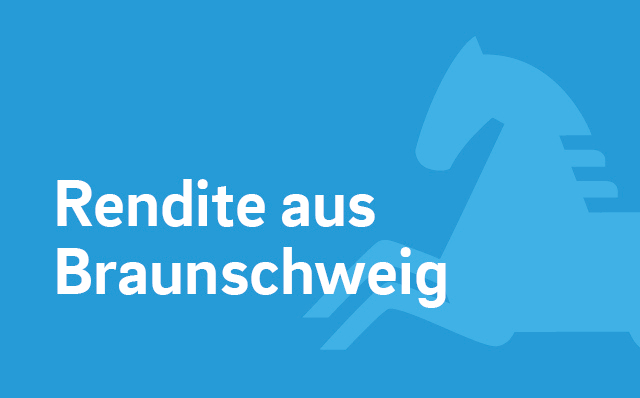 Grafik in Blau mit dem Text: Rendite aus Braunschweig; im Hintergrund im Anschnitt das Logo-Pferd der Öffentlichen